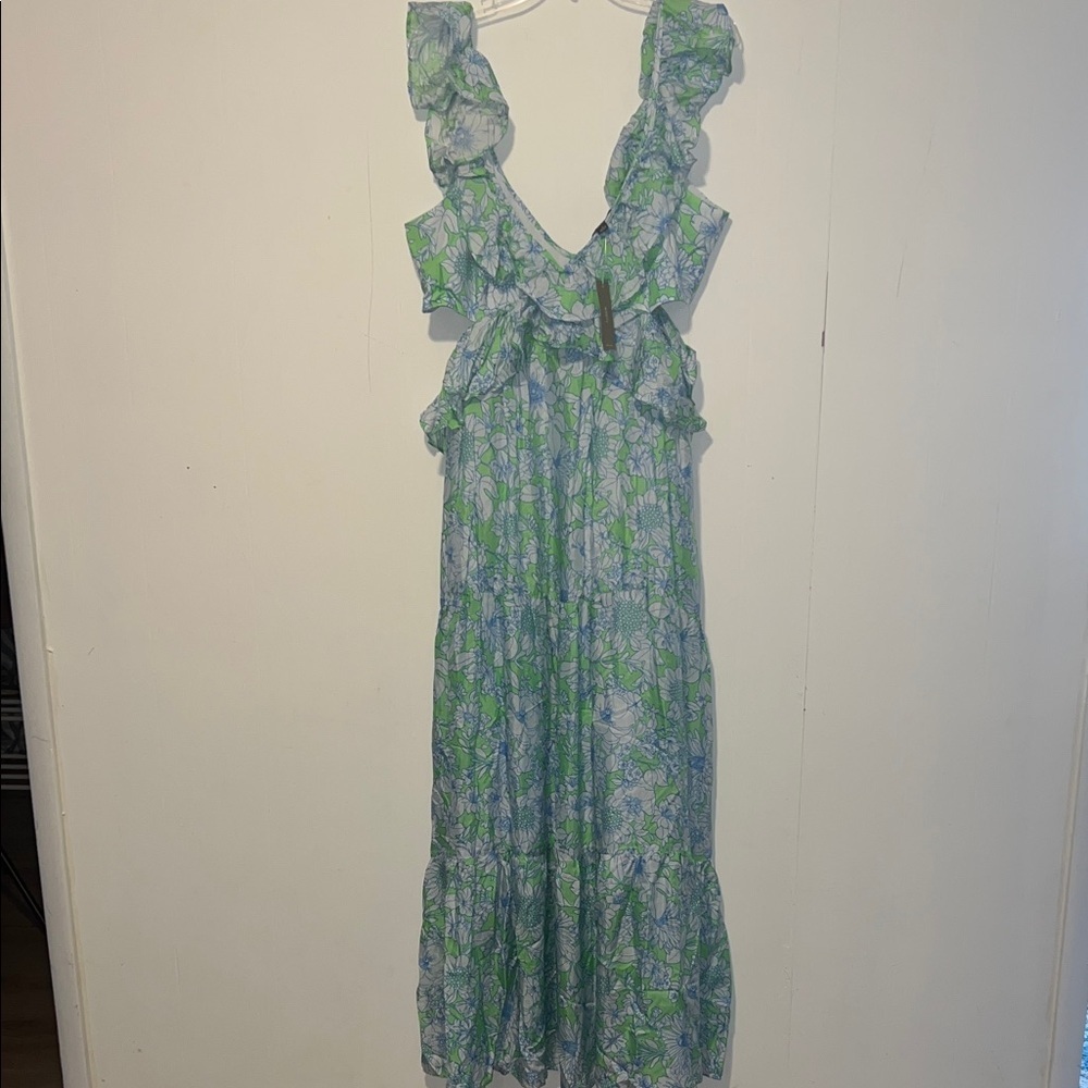 J. Crew Collection Maxi Dress Ruffle-Trim Cut Out Lime Floral Sun Dress 1100 NWT